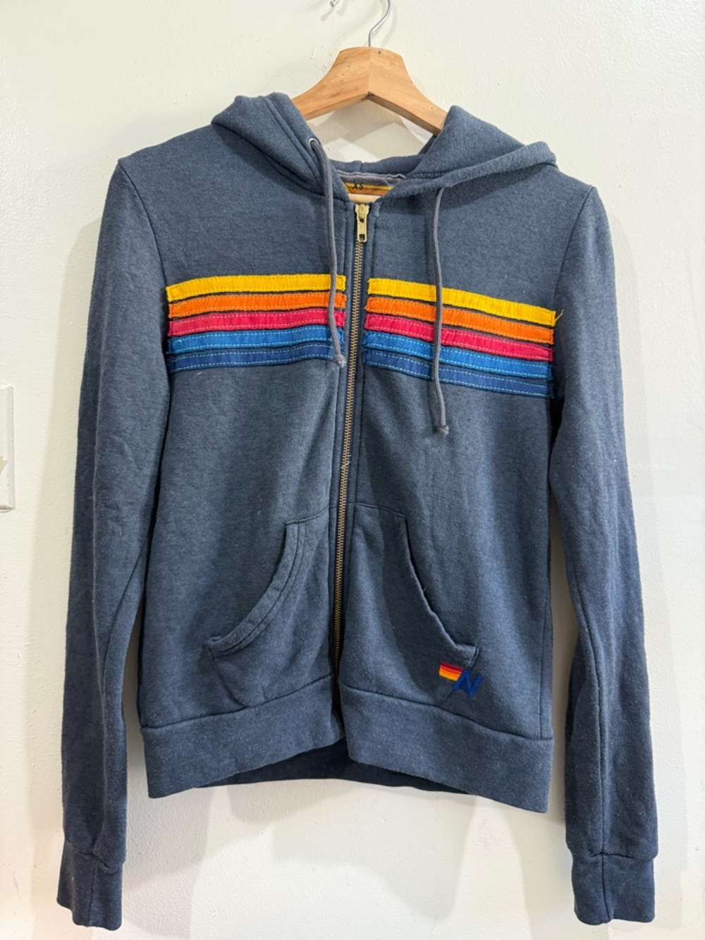 Aviator Nation Navy Zip Hoodie with Yellow, Red & Blue Stripes